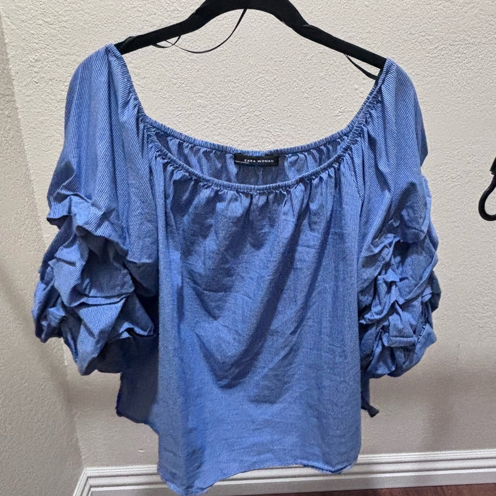 Zara Blue Off the Shoulders Puff Sleeve Ruffled Blouse